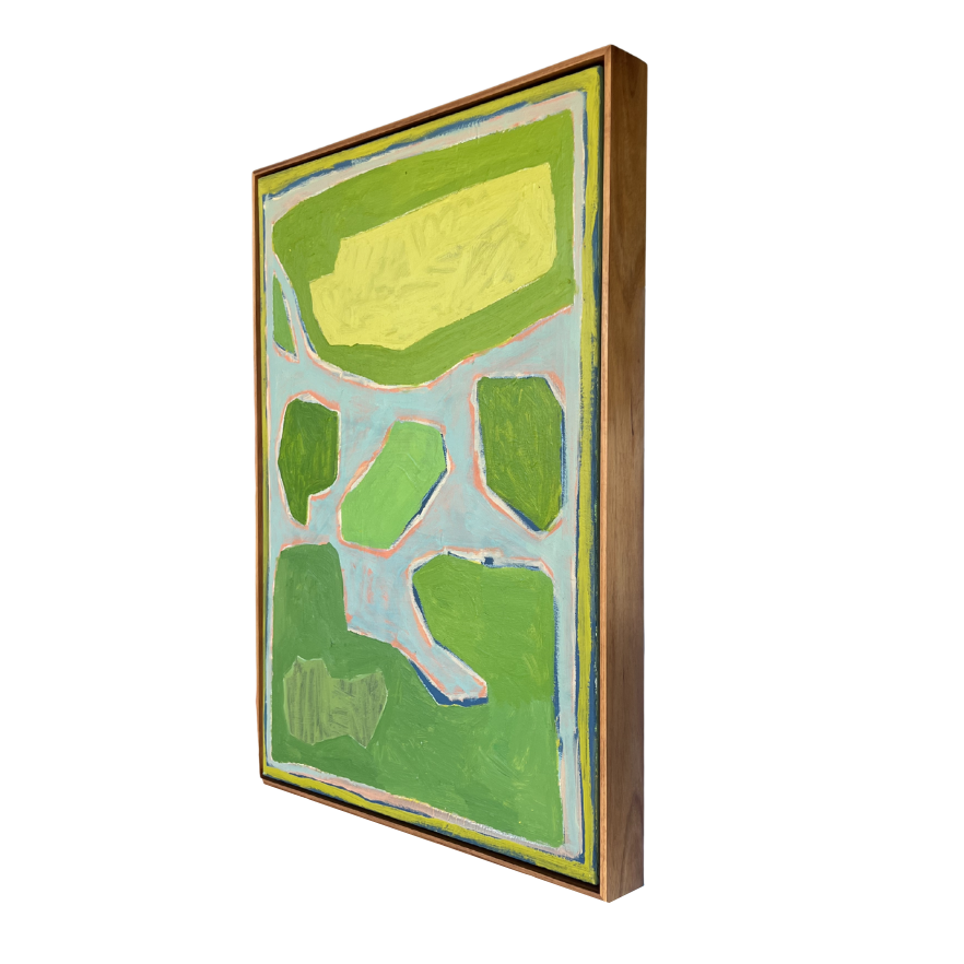 Side view of The Lookout by Australian artist Marley Alvarez — original painting, acrylic and oil pastel on canvas, Tasmanian Blackwood floating frame.