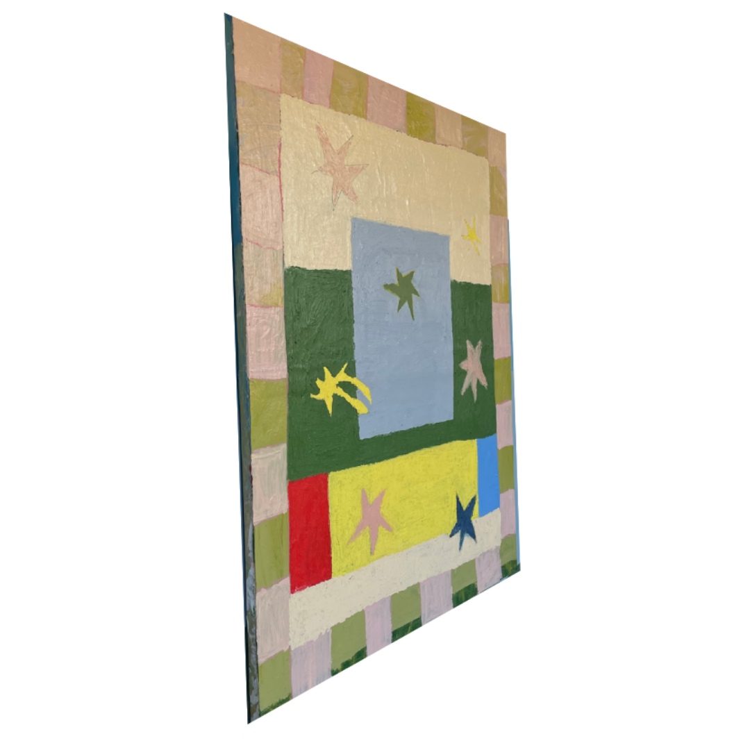 A square abstract wall art piece shown at an angle against a plain white background. The artwork features a patchwork design with blocks of green, blue, yellow, red, pink, beige, and white, accented with star and leaf motifs.