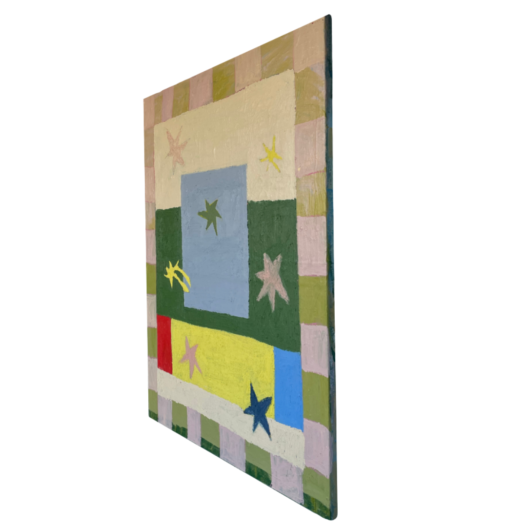 A square abstract wall art piece shown at an angle against a plain white background. The artwork features a patchwork-style design with blocks of green, blue, yellow, beige, pink, and red, accented by star shapes.