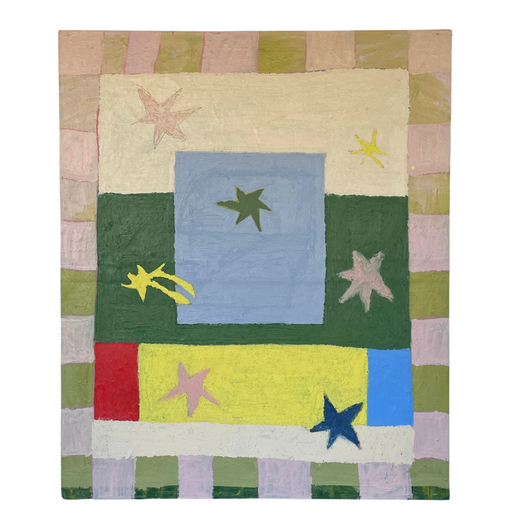 A colorful abstract patchwork-style artwork with geometric blocks and star shapes, shown flat against a plain white background.