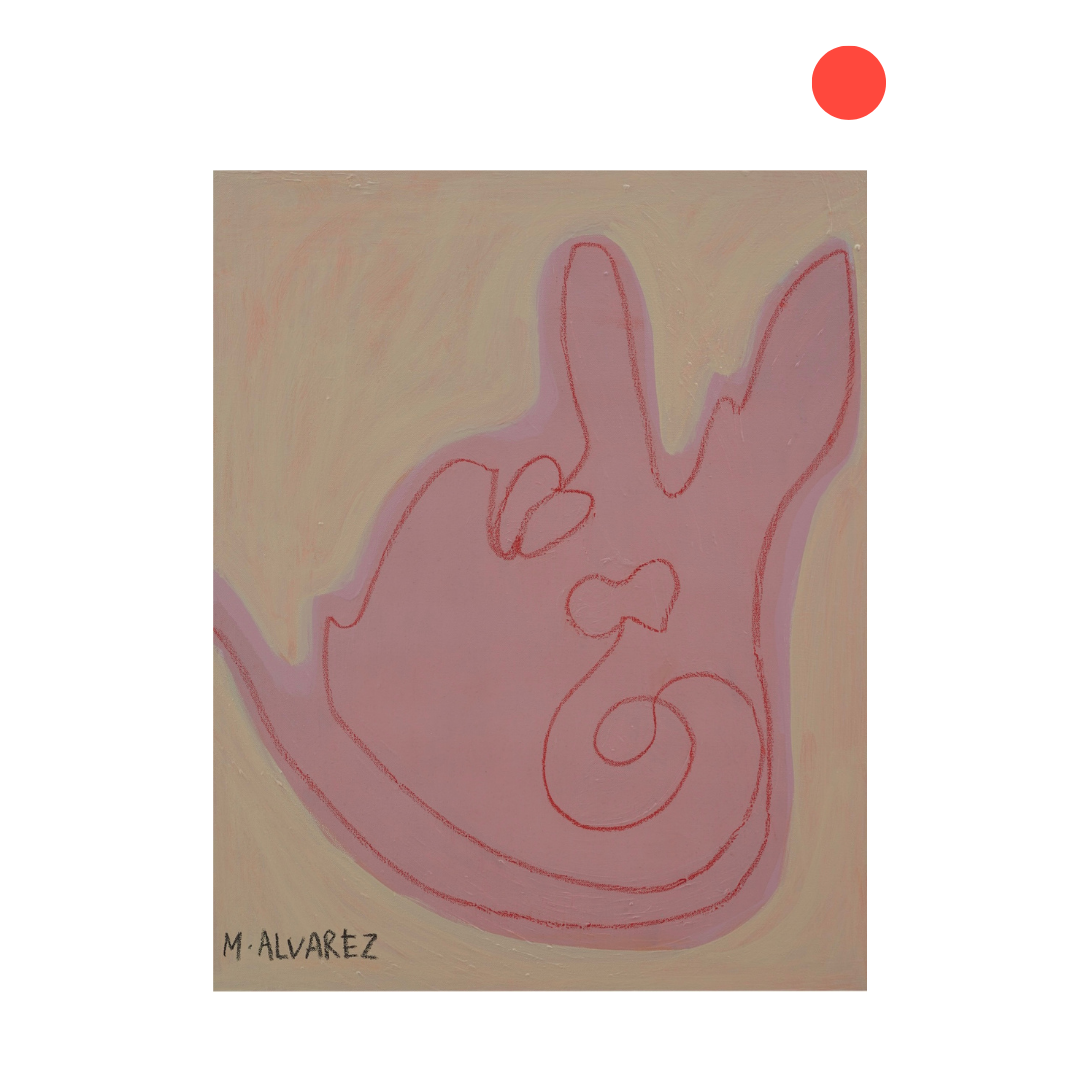 An abstract painting featuring a pink hand-drawn heart and swirl motif on a beige background, signed 'M. ALVAREZ' in the bottom-left corner.