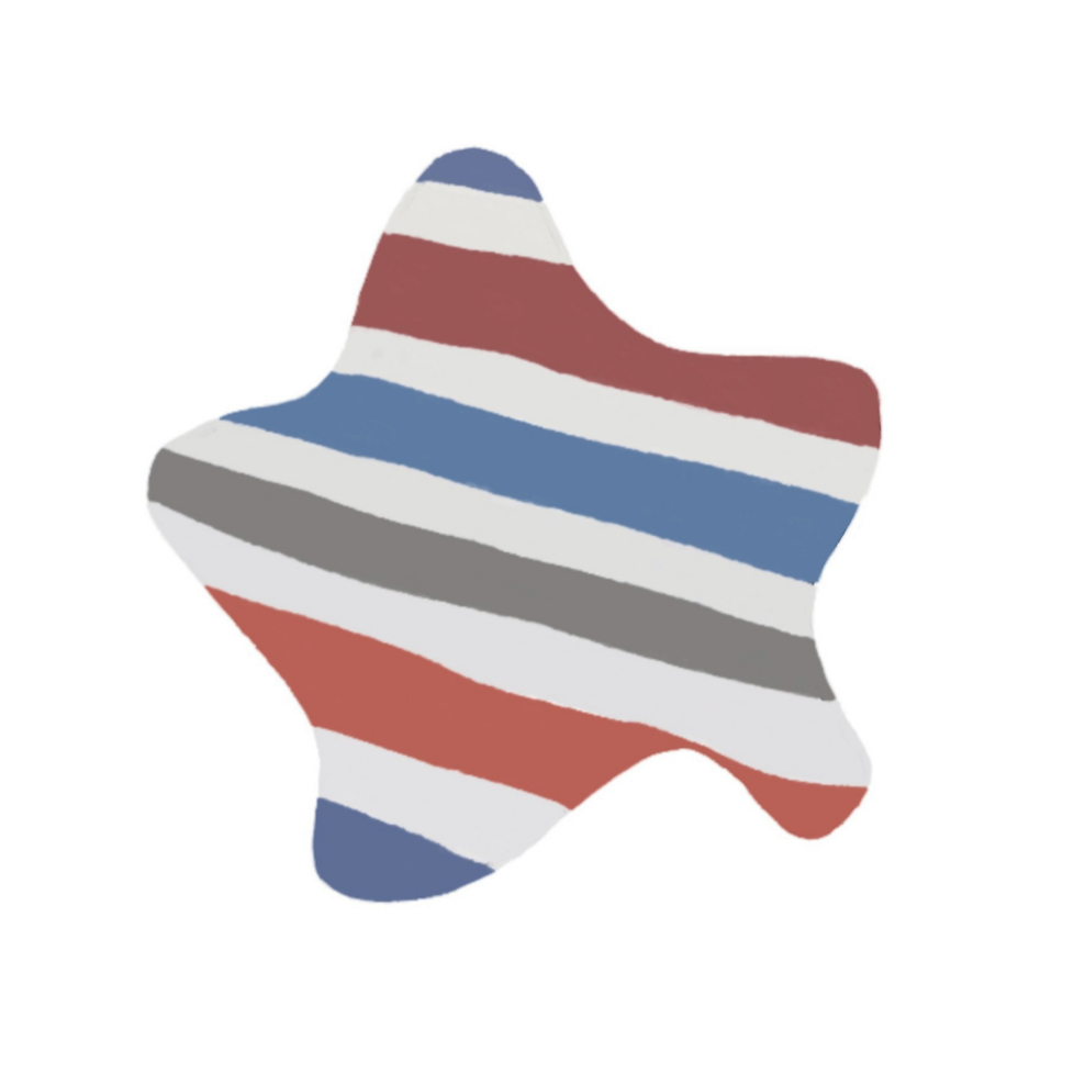 Star-shaped object with red, white, and blue stripes on a white background. Stripe Flower Sticker by Marley Alvarez from the Art Club Sticker Collection.