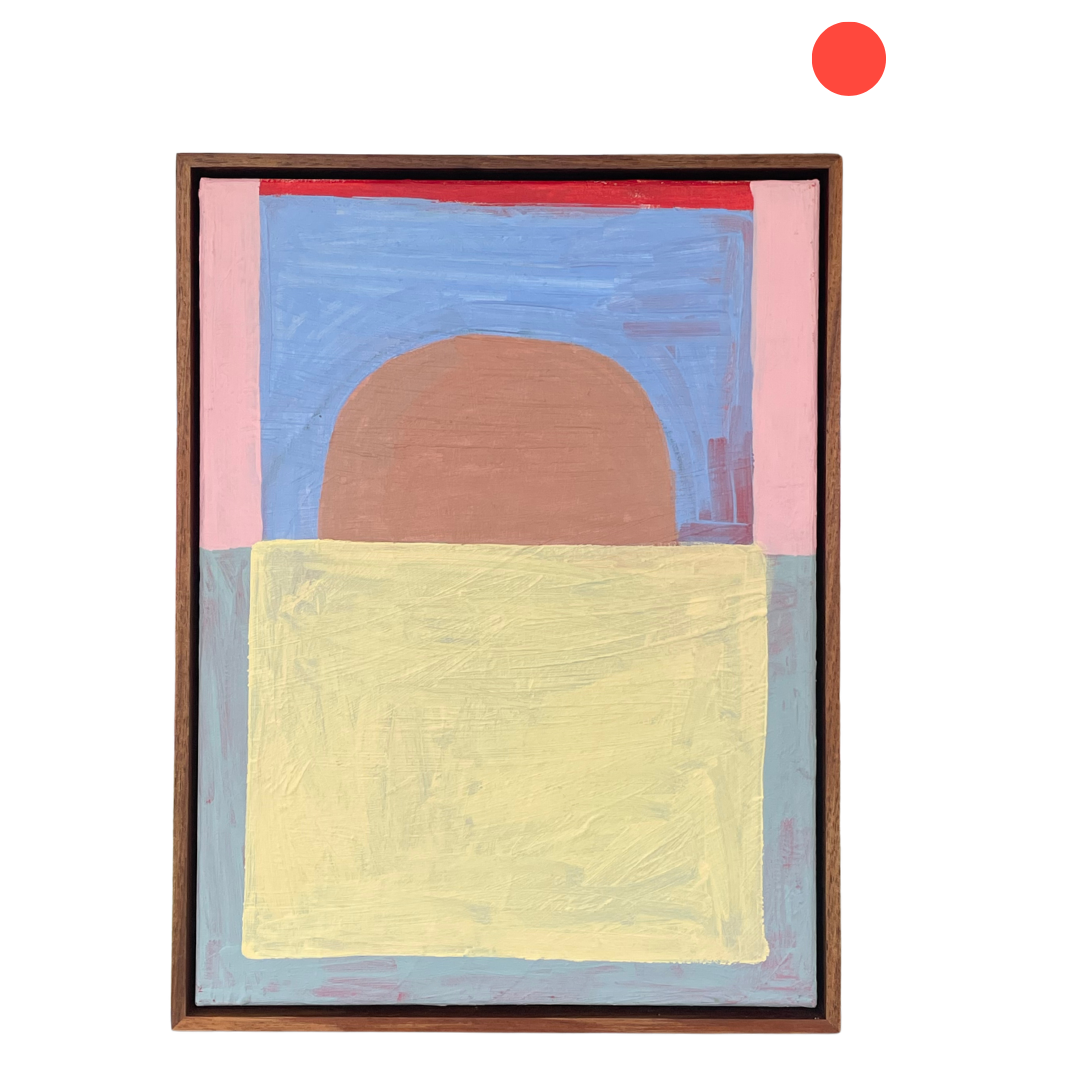 An abstract framed painting featuring a large pale yellow square in the lower half, a muted brown semicircle on a dusty blue background, pink side panels, and a thin dark brown frame, shown on a white background with a small red circle above it.