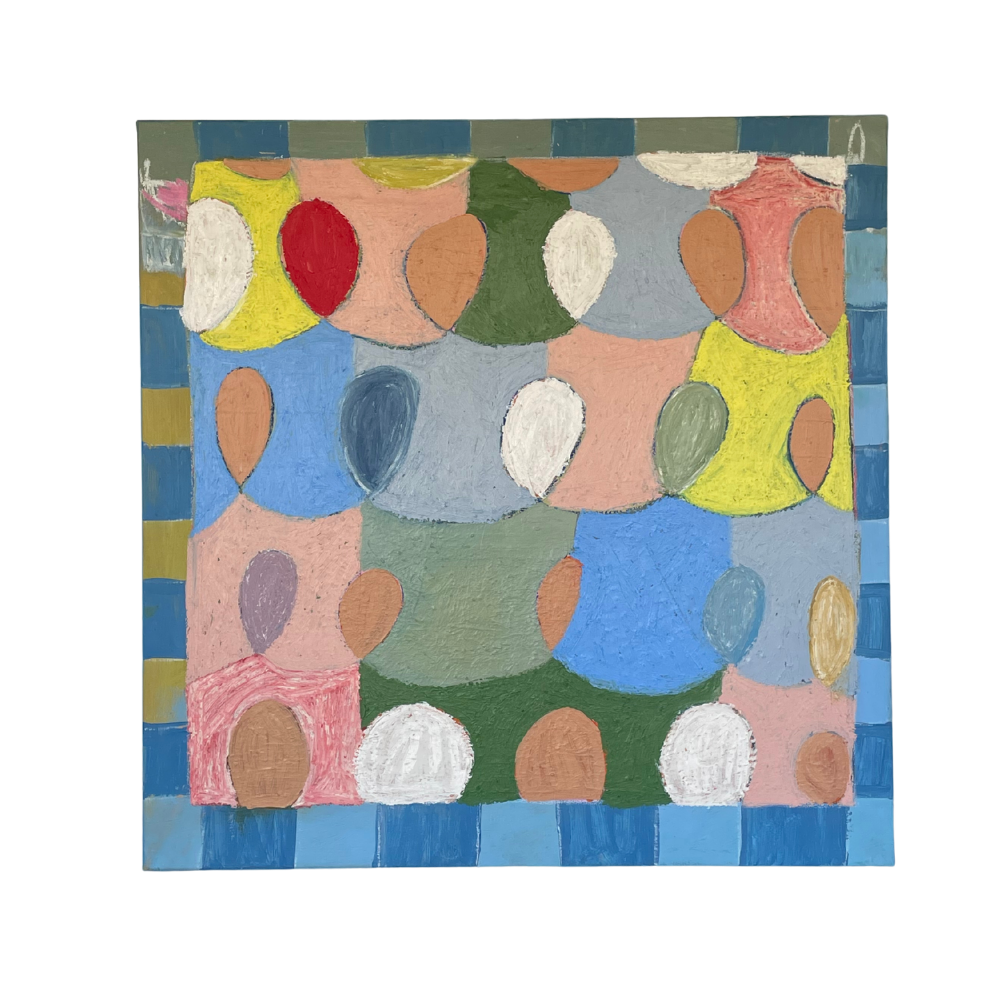 An abstract square painting featuring overlapping circles and organic shapes in pastel blue, pink, green, yellow, white, and red, framed by a blue and green checkered border on a white background.