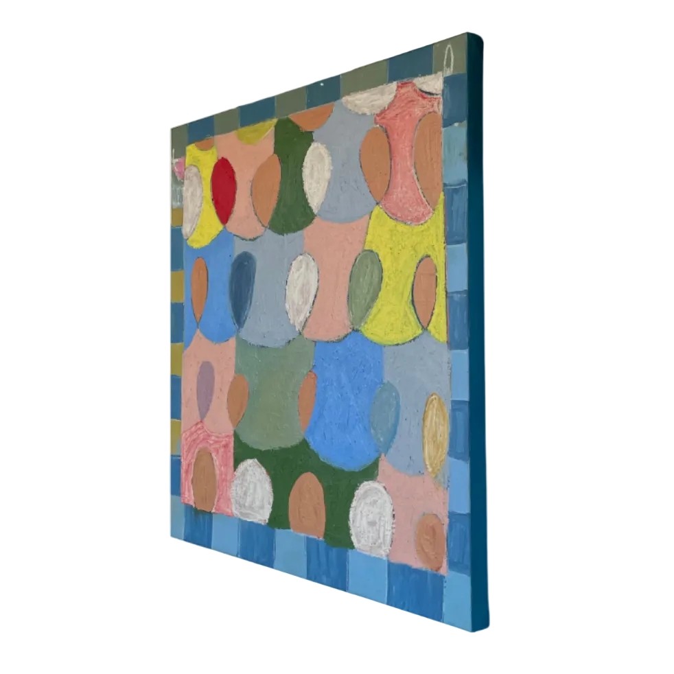 An abstract canvas wall art print featuring overlapping circles in shades of blue, pink, yellow, green, and brown, set against a solid white background.