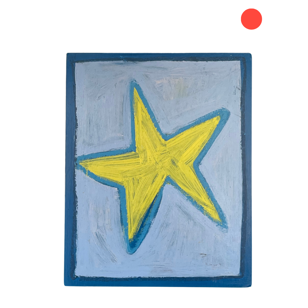 A square painted artwork featuring a large yellow star outlined in blue on a light blue background, with a dark blue border. A small red circle appears in the upper right corner of the overall image.