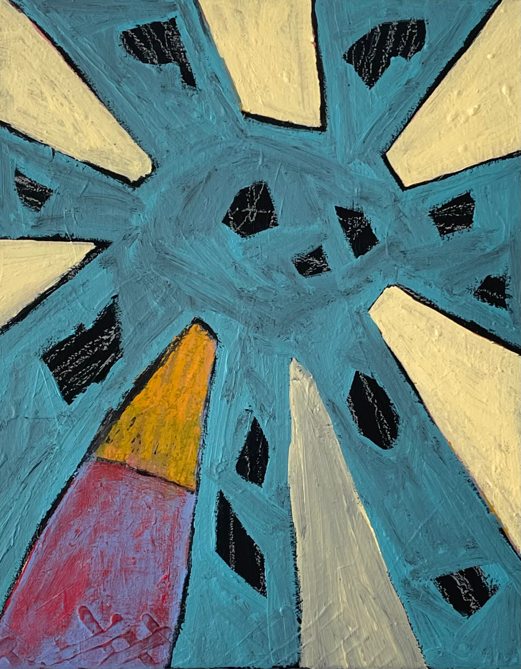 Abstract art piece with geometric shapes in blue, yellow, red, and black on a textured surface.