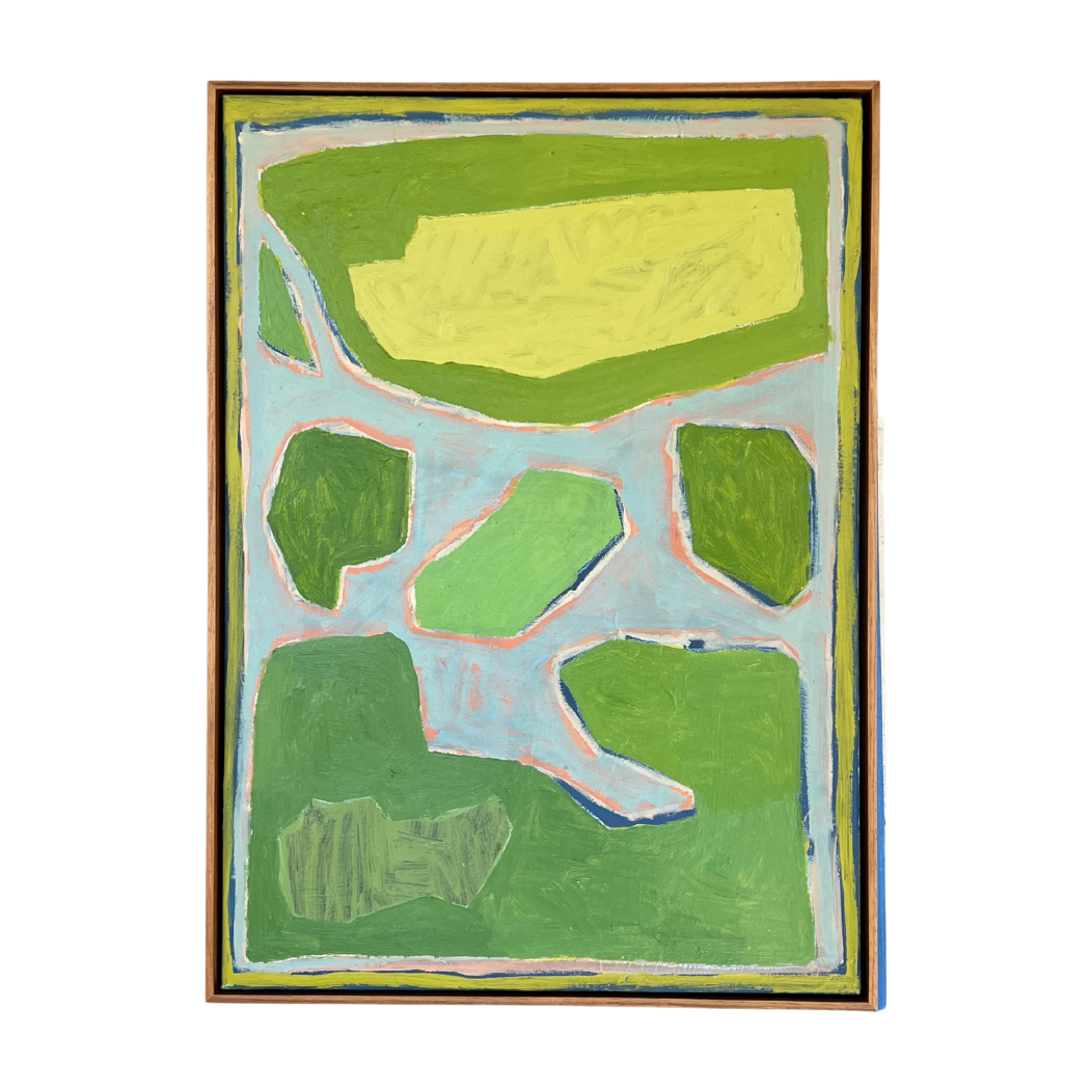 The Lookout — original acrylic and oil pastel painting by Marley Alvarez, 52.4 x 72.4 cm, framed in Tasmanian Blackwood. From the 2025 solo exhibition I Can't Hear You.