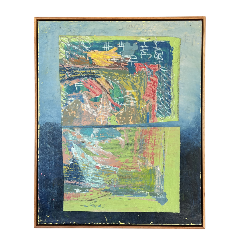 The Notions of Colour — original acrylic and oil pastel painting by Marley Alvarez, 51.8 x 64 cm, framed in Tasmanian Blackwood. From the 2024 open studio exhibition I Opened My Eyes & Watched, Swatch Art Peace Hotel, Shanghai.
