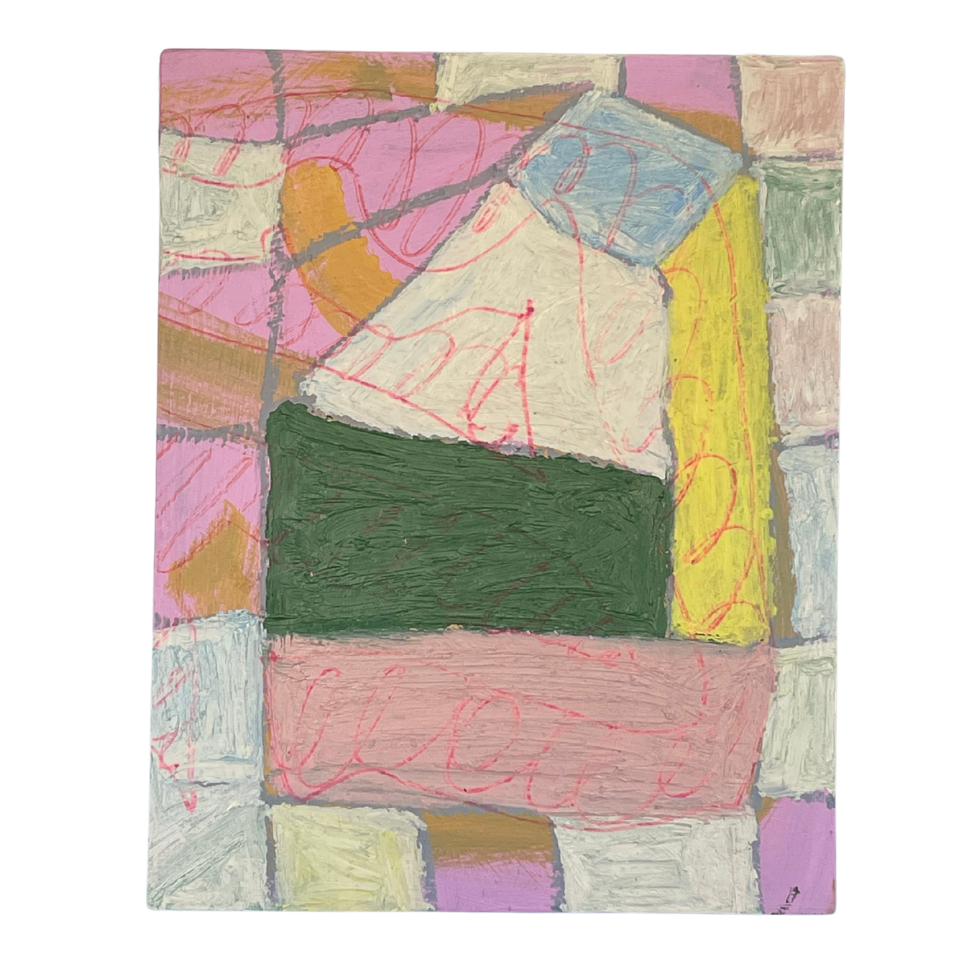 An abstract geometric painting on canvas featuring blocks of pink, green, yellow, beige, and purple with textured brushstrokes and fine red sketch lines, shown against a plain white background.