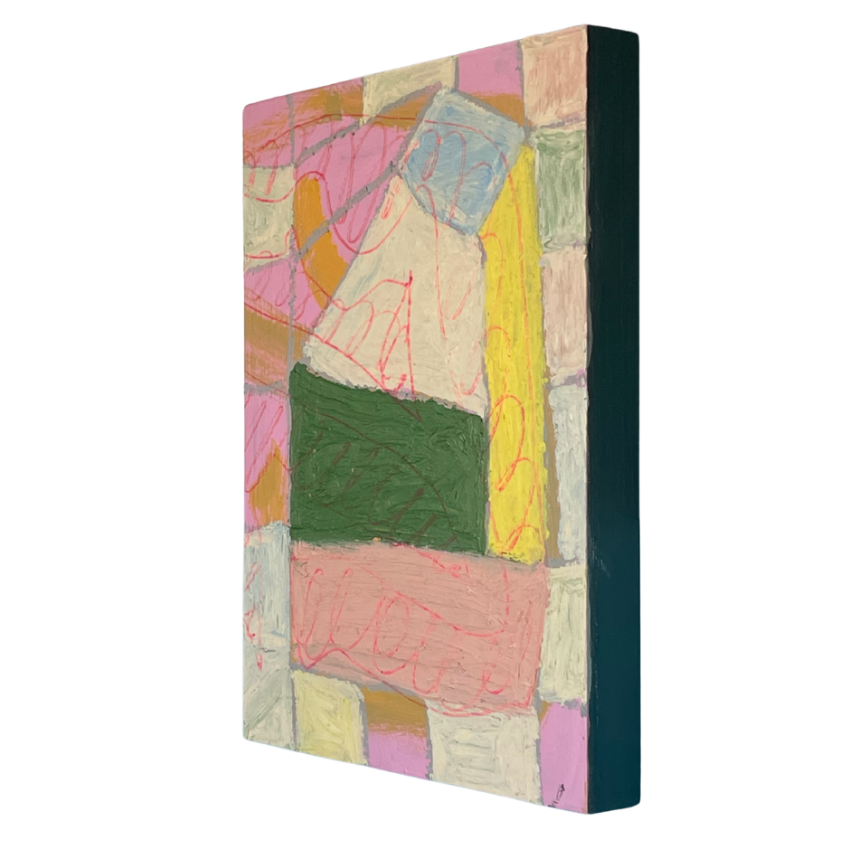 An abstract geometric canvas painting shown at an angle, featuring blocks of pink, yellow, green, beige, and blue with scribbled red lines, set against a plain white background.