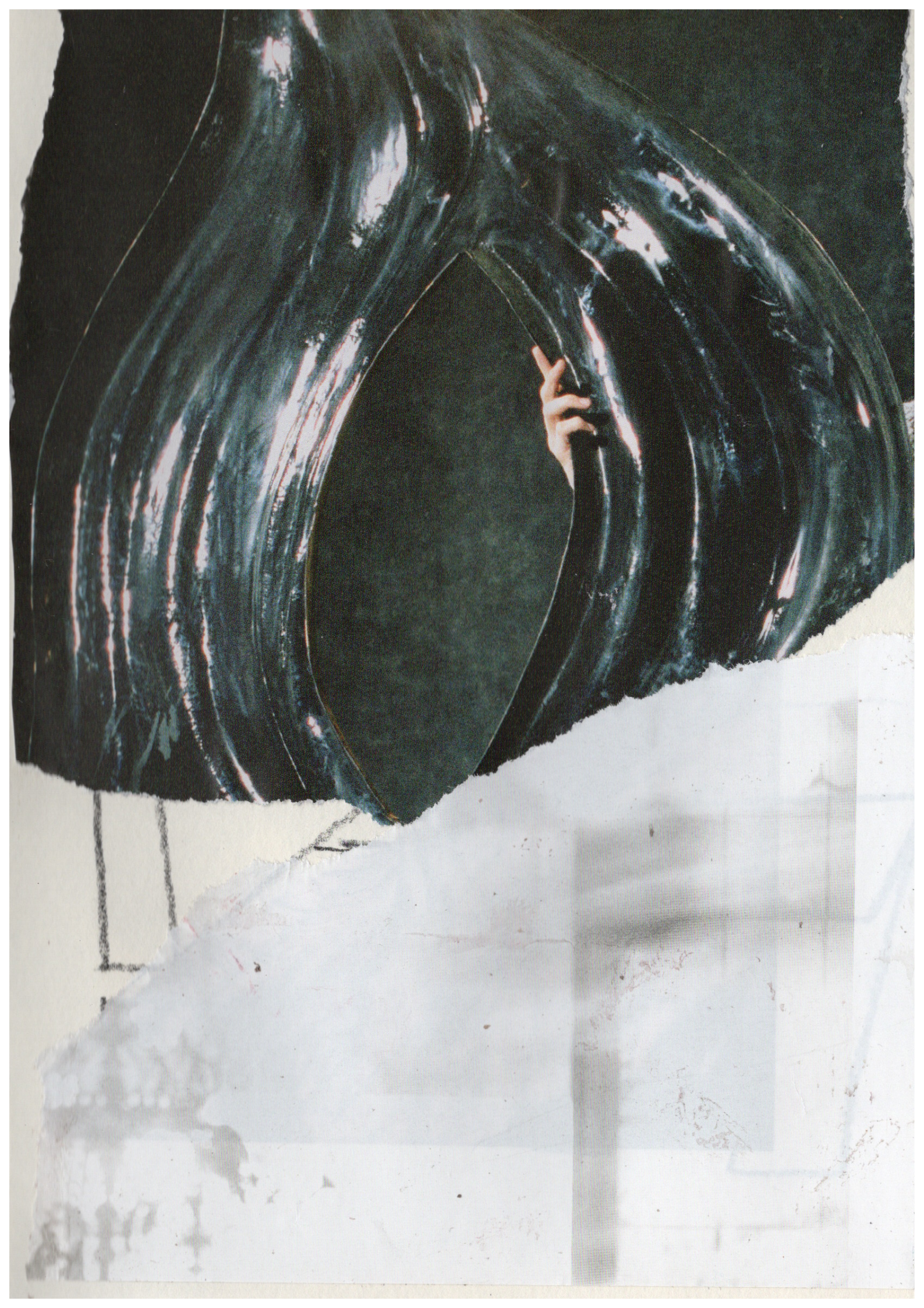 Abstract art piece with a large black wave-like shape and a hand emerging from it.