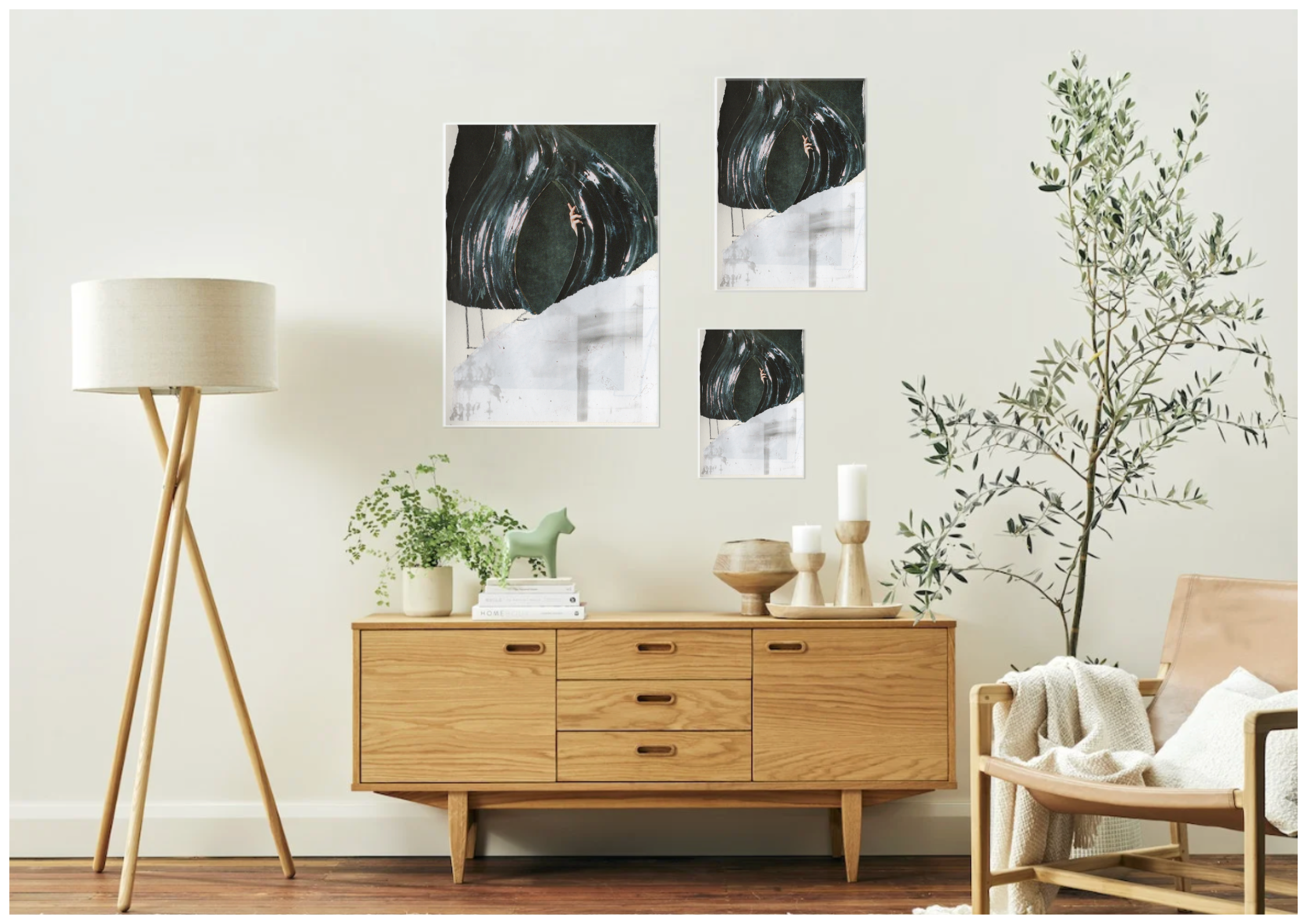 Modern living room with wooden sideboard, lamp, and decor items. Horse sculpture and olive tree in the living room, creme rug, aesthetic books, tallboy, posters and art prints hanging on the wall