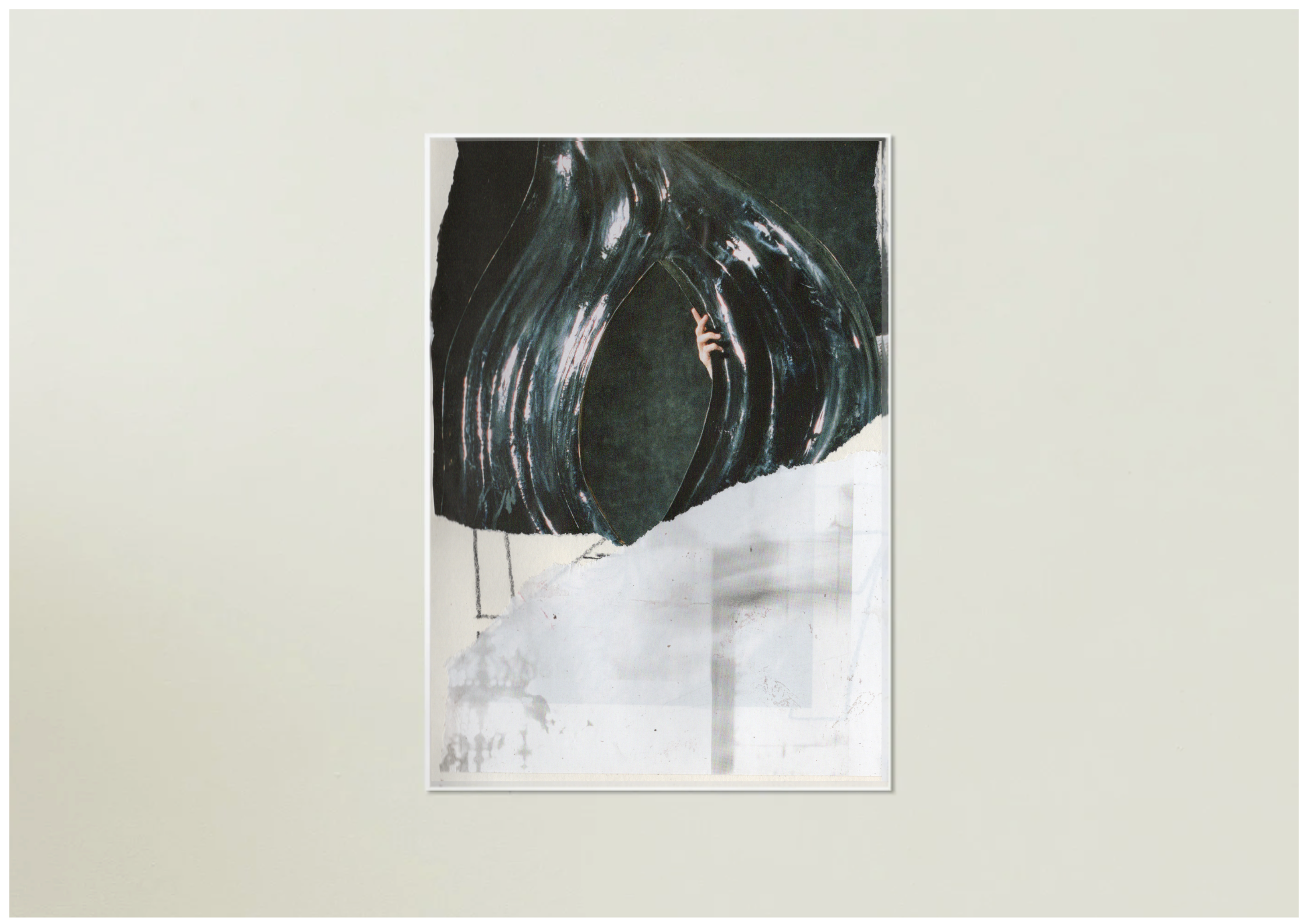 Abstract art piece with dark green and black colors on a light gray background