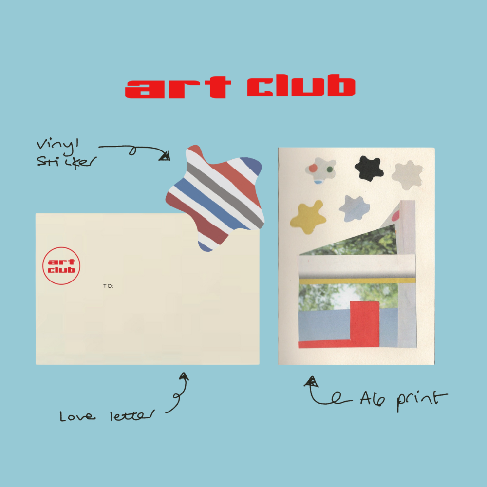 Art Club product packaging with stationery items on a blue background. "Art Club - NO#3" blue, red and white  flowers sticker with postcard art print, a6 size and a envelope with art club stamped on it by Marley Alvarez. A monthly art snail mail subscription.