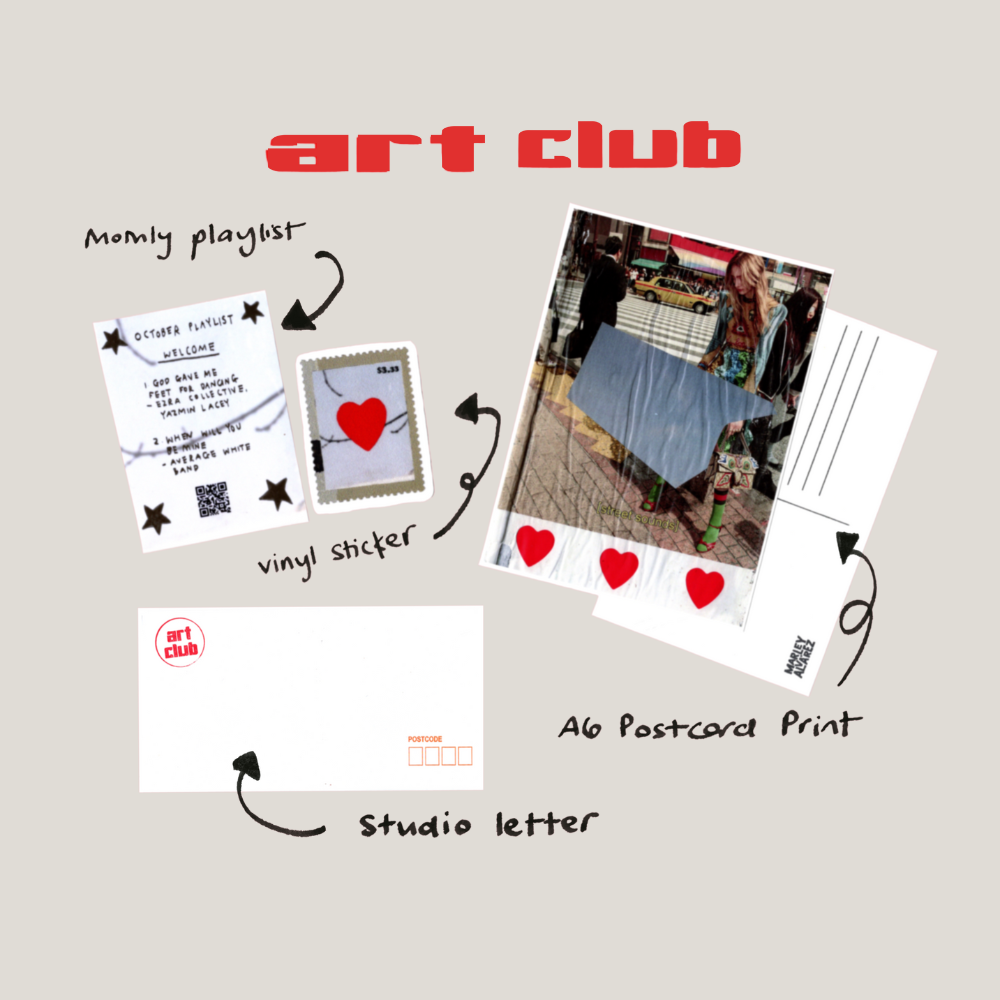 Collection of art club products including a postcard print, vinyl sticker, and studio letter on a light gray background. "Art Club NO#4 - October. Art Club a monthly snail mail art subscription by Marley Alvarez