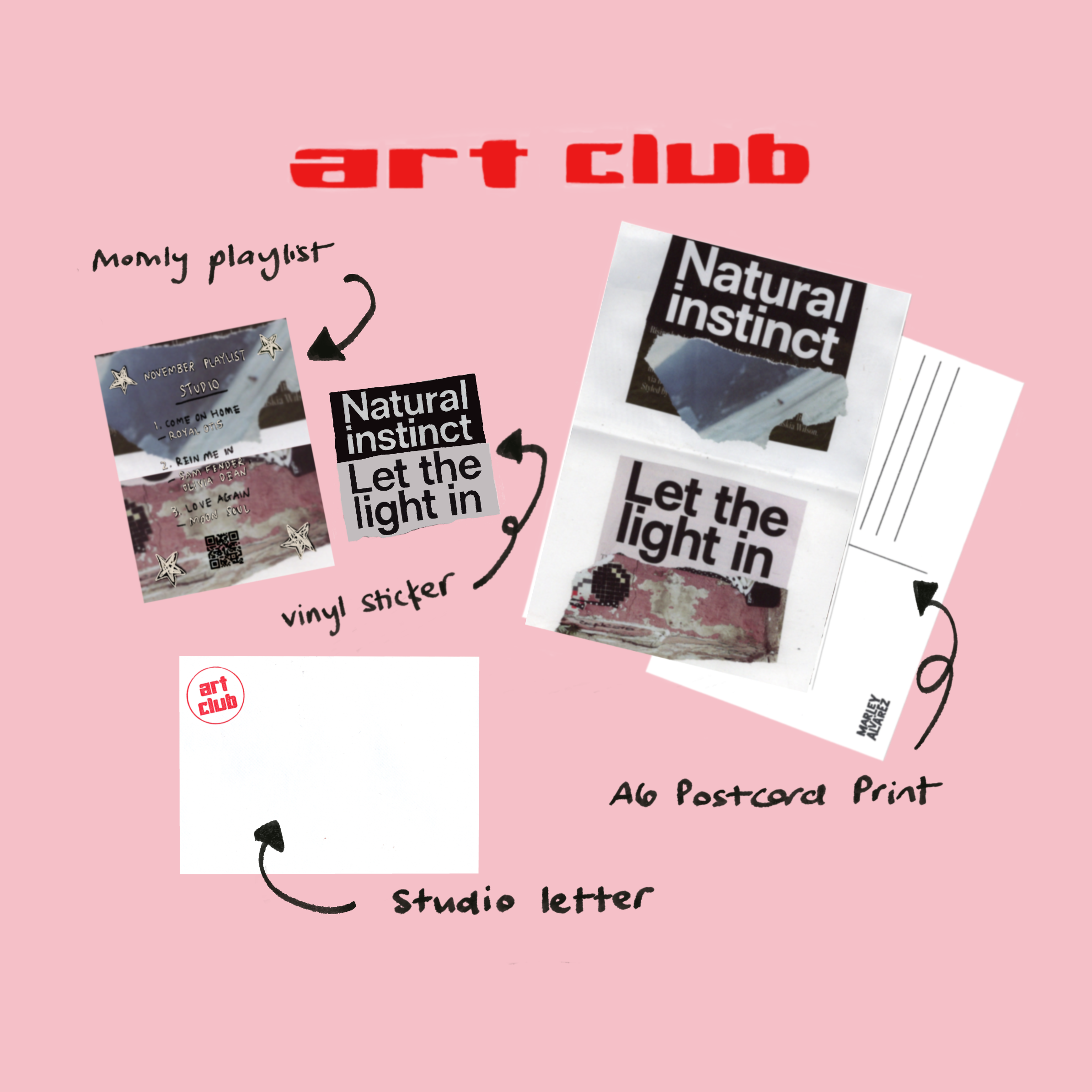 Art Club promotional material with vinyl sticker, postcard print, and studio letter on a pink background.