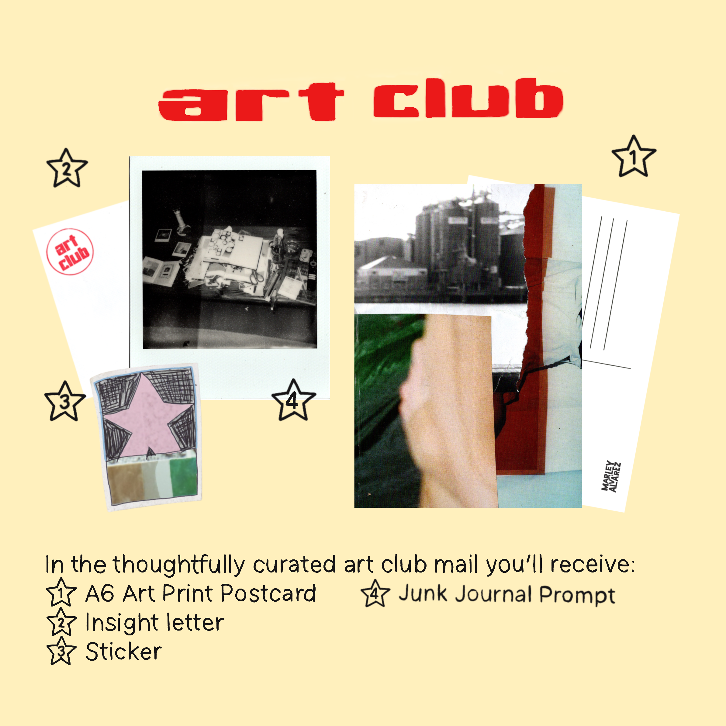 Promotional graphic for an art club with black and white photos and text on a yellow background.