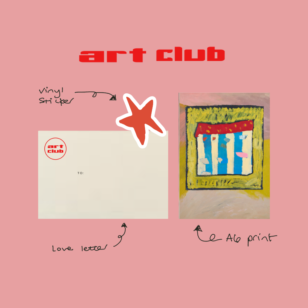 Promotional graphic for 'art club' with vinyl, stickers, and art print on a pink background. Monthly Art Print snail mail subscription. By Marley Alvarez