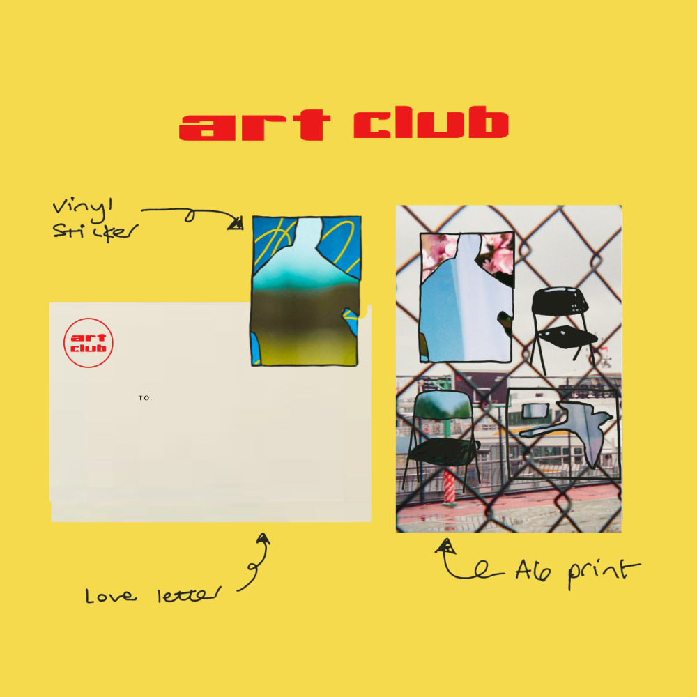 "Art Club - NO#2" a blue and yellow sticker with human figure, postcard and print a6 size and a envelope with art club stamped on it by Marley Alvarez. A monthly art snail mail subscription.