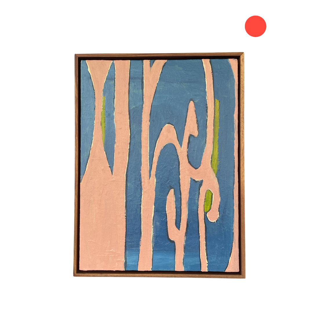 Abstract artwork with blue and brown tones on a white background