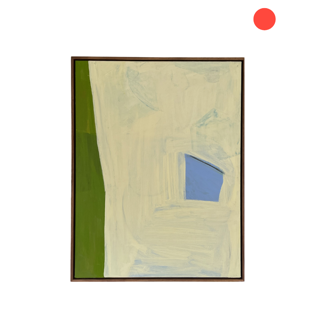 Abstract art piece with a green border and red dot on a white background