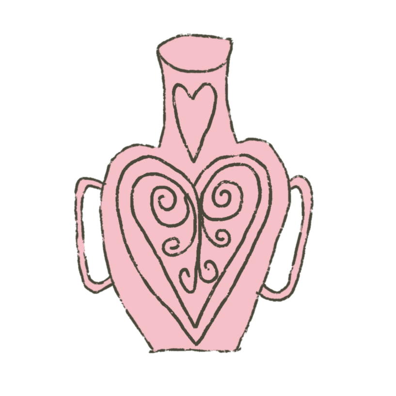 Pink decorative vase with heart and swirl designs on a white background. Vase Sticker by Marley Alvarez