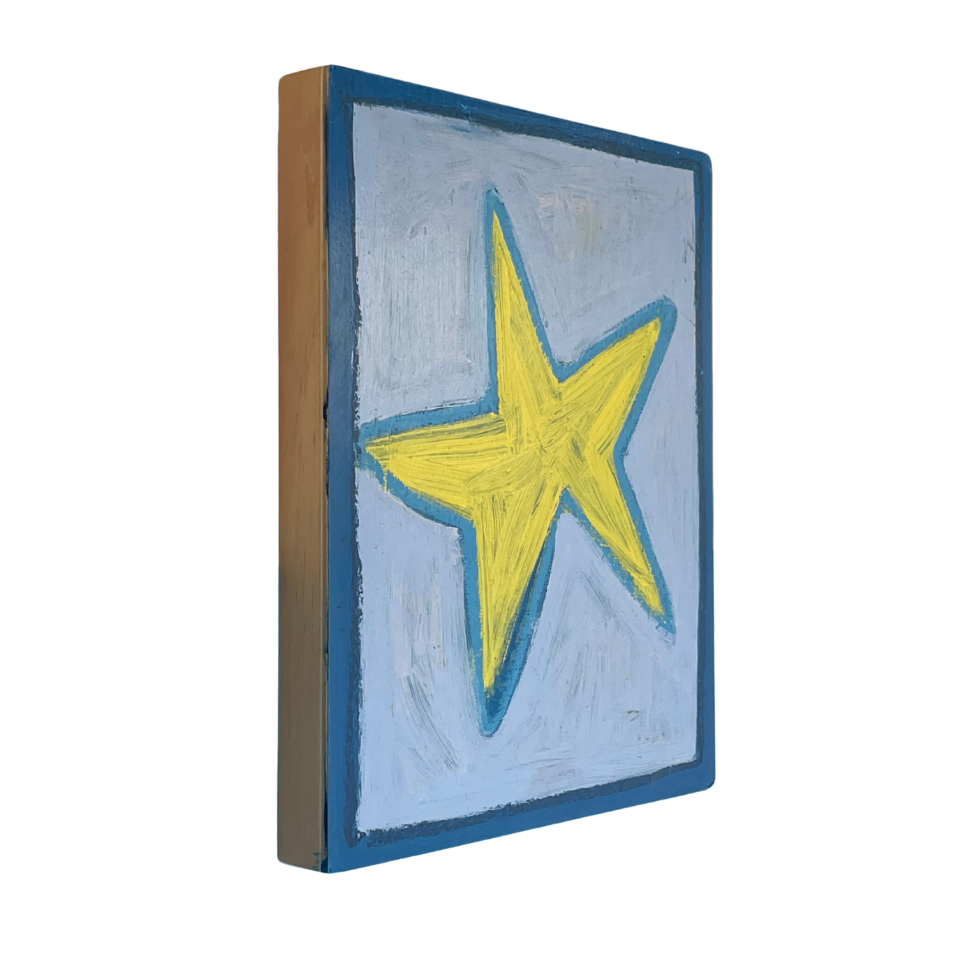 A square canvas wall art print shown at an angle, featuring a textured yellow star on a light blue background with a dark blue border.