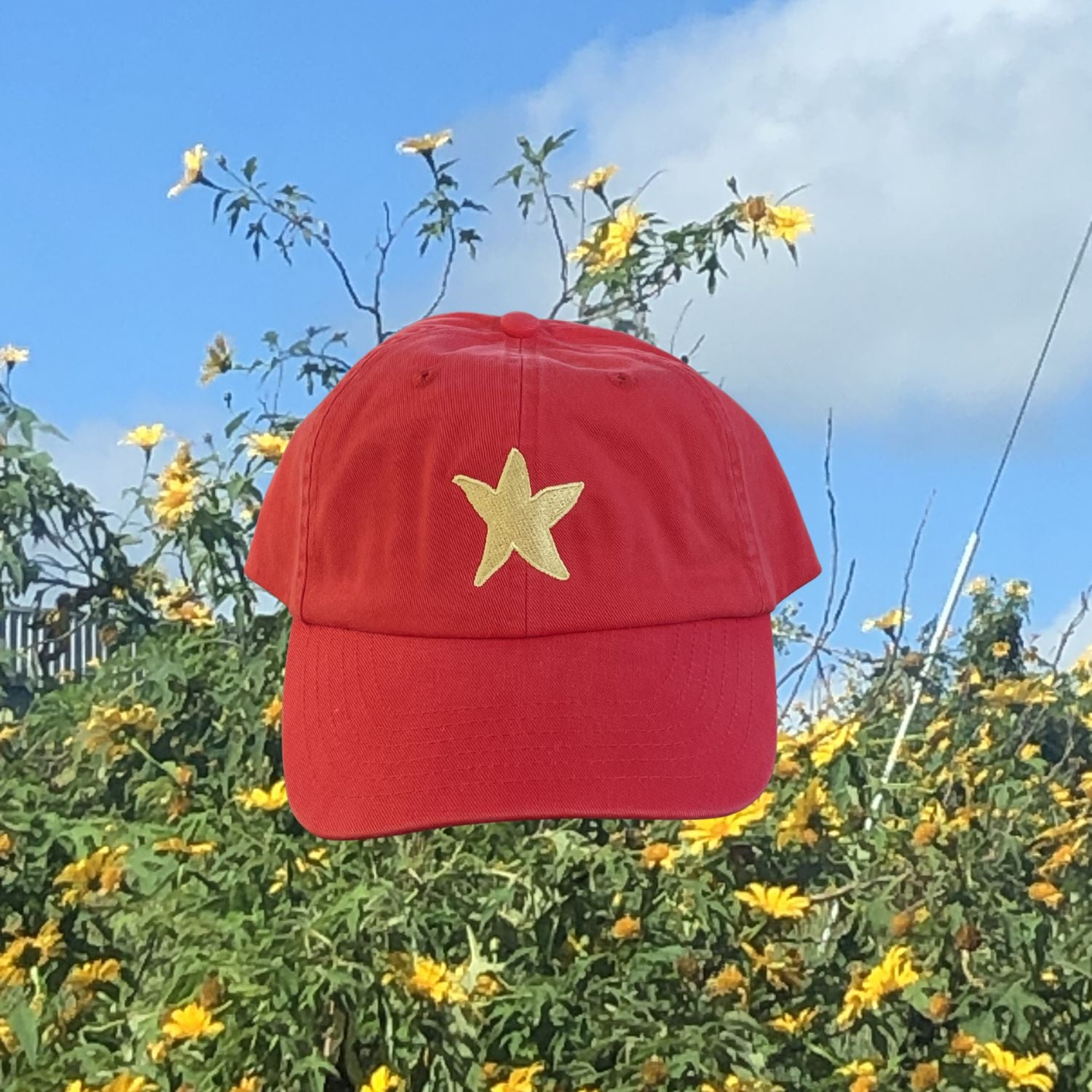 Star Cap in Red by Marley Alvarez — back view showing Marley Alvarez branding on white background