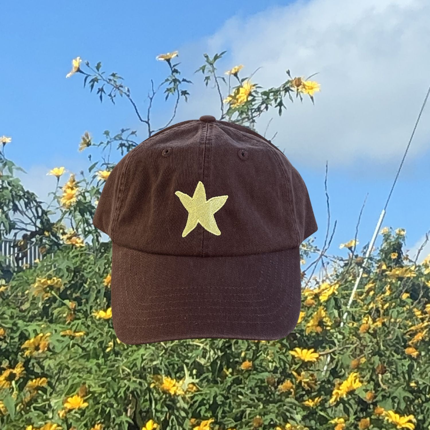 Star Cap in Cacao by Marley Alvarez — brown cotton cap with gold star embroidery, styled outdoors