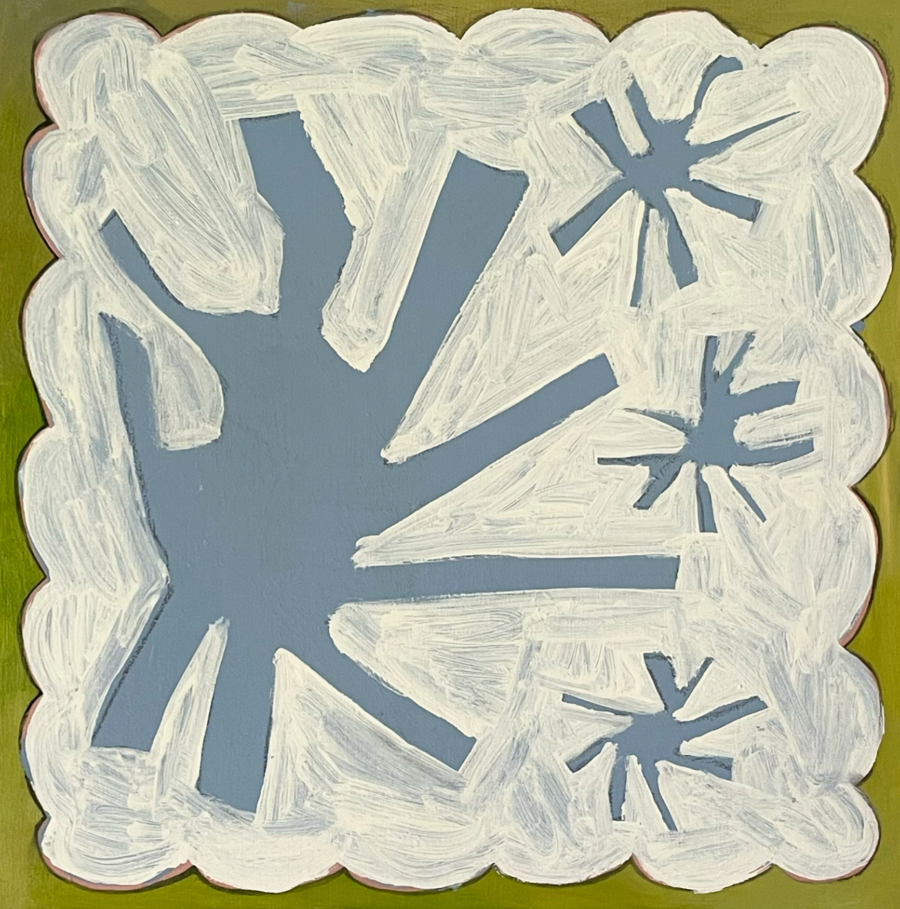 Abstract art piece with blue shapes on a beige background. "Counting My Lucky Stars original acrylic painting by Marley Alvarez"
