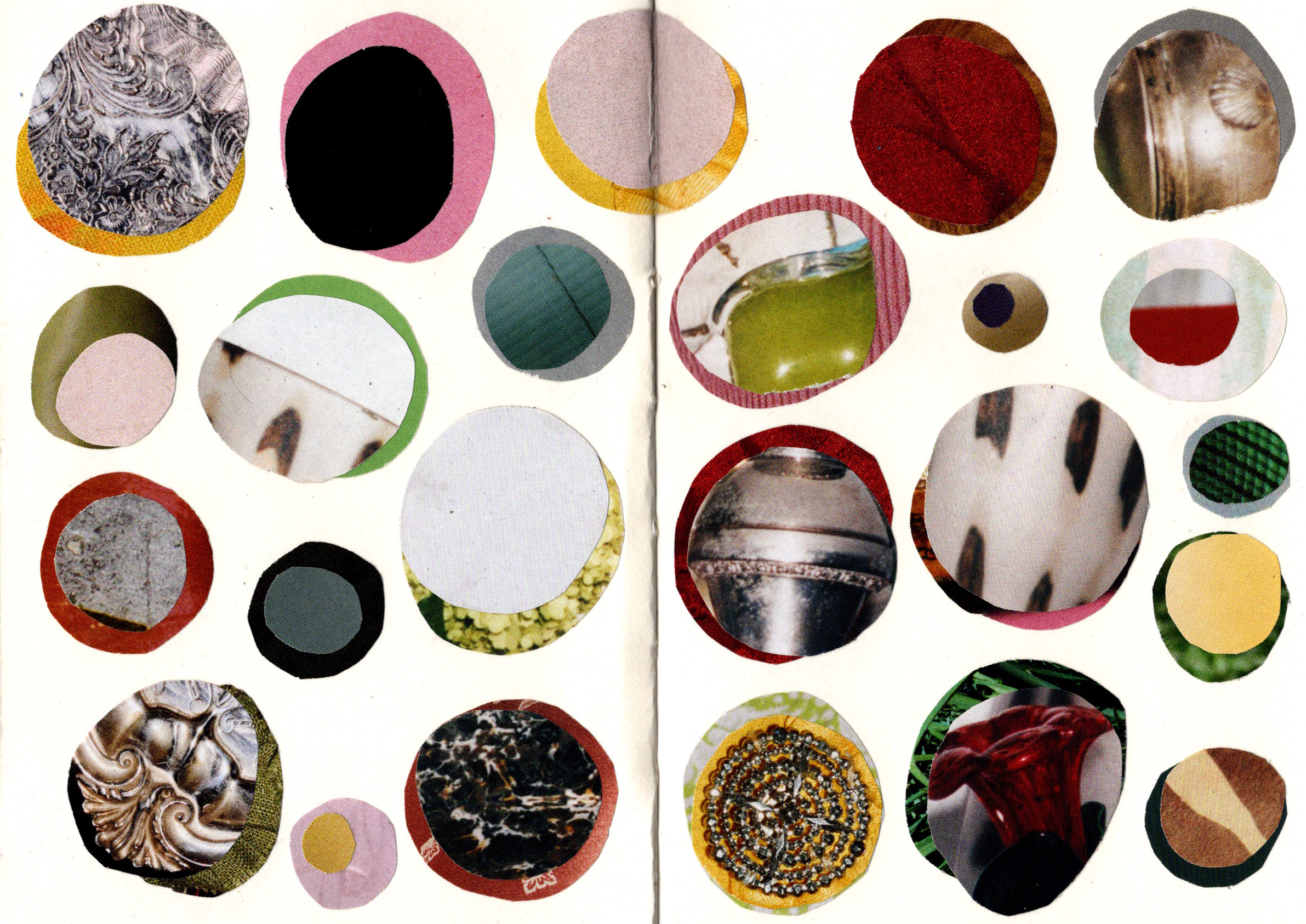 Collage of circular images with various textures and colors on a white background.